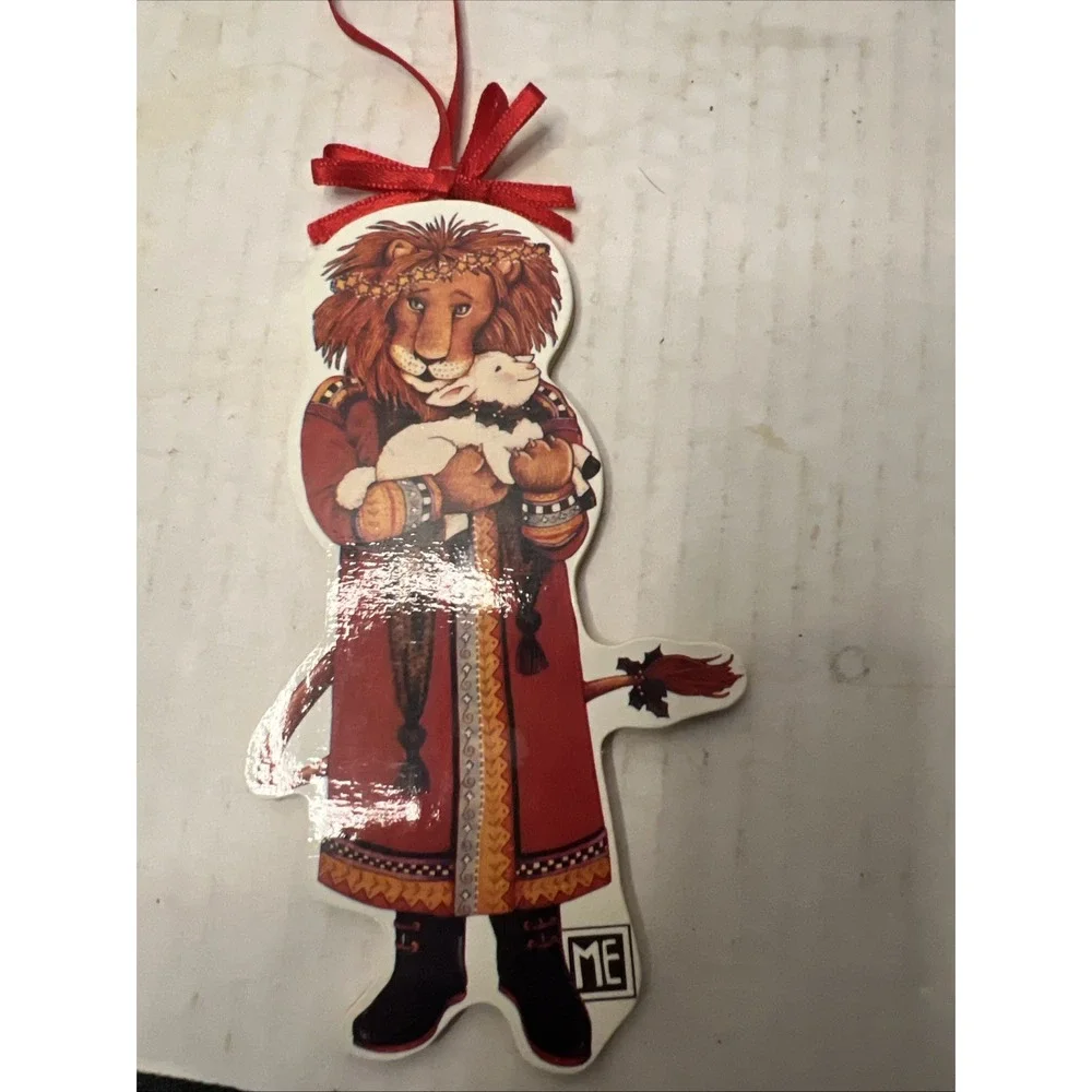 Vintage Mary Engelbreit 1980s Lion and Lamb Wood Christmas Ornament